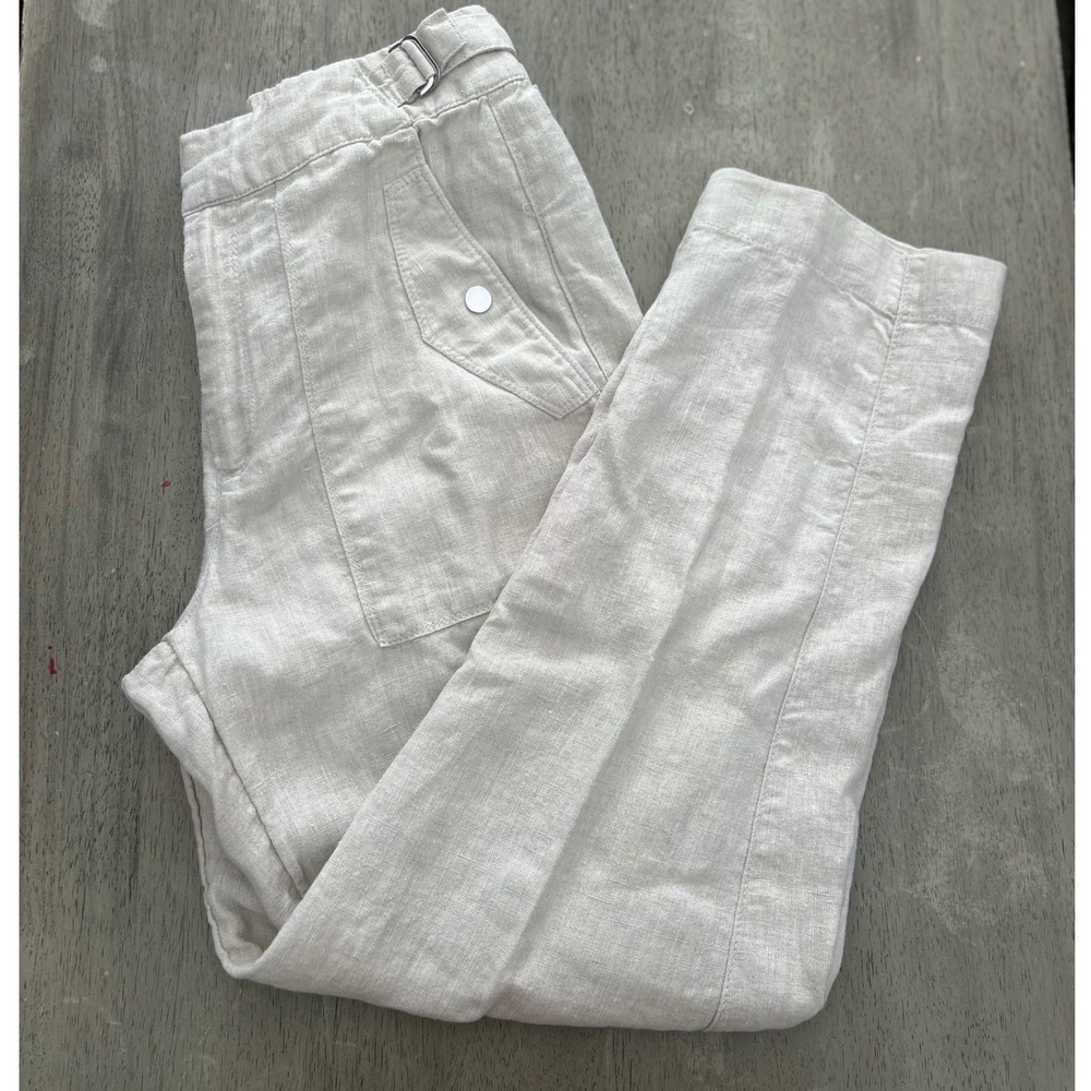 Athleta 100% Linen Utility Pants Beige Oatmeal Straight Leg Size 4